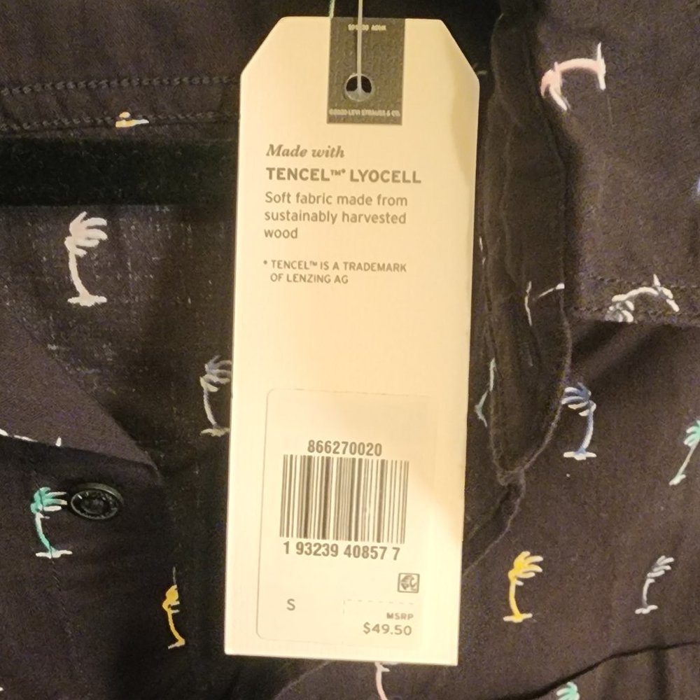 Levi's Mens Black Palm Tree Standard Fit Woven Button Up Dress Tee Shirt Sz - Picture 2 of 5